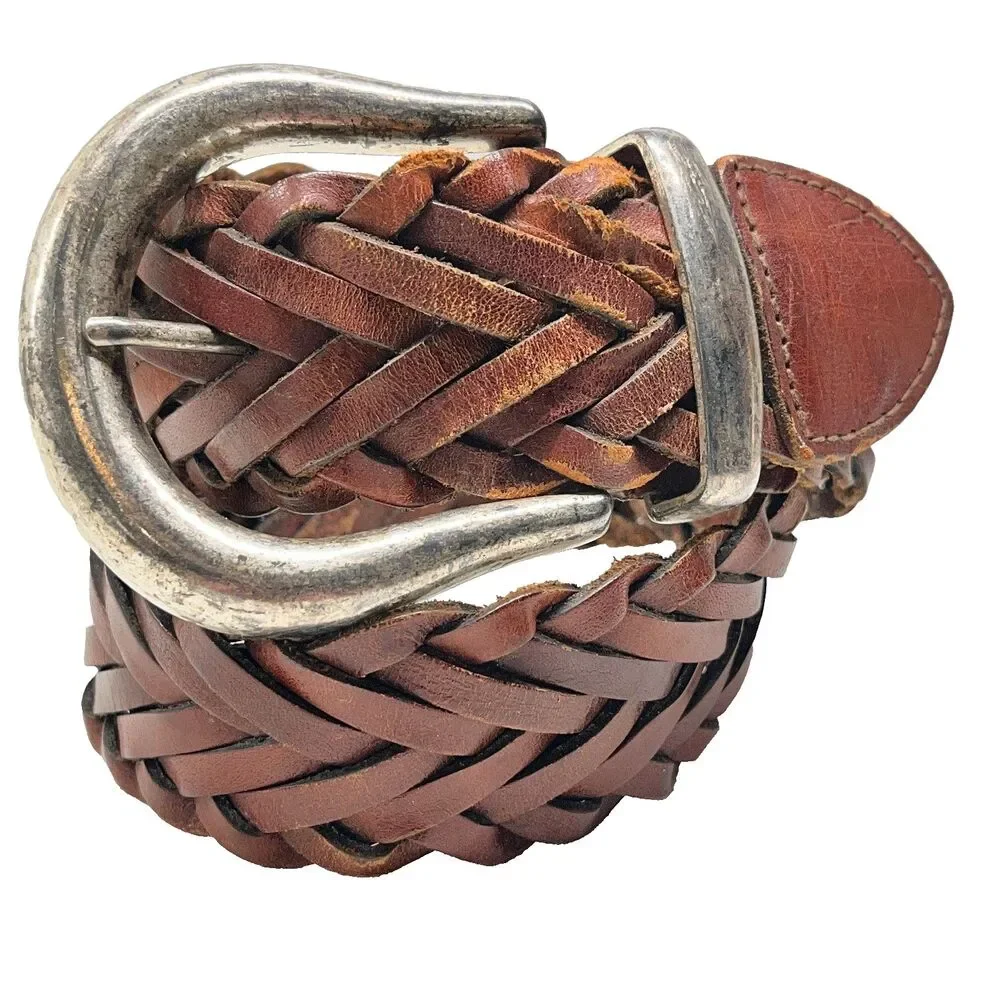 Vintage Express Brown Braided Leather Belt Size S Womens Weave Boho Wide